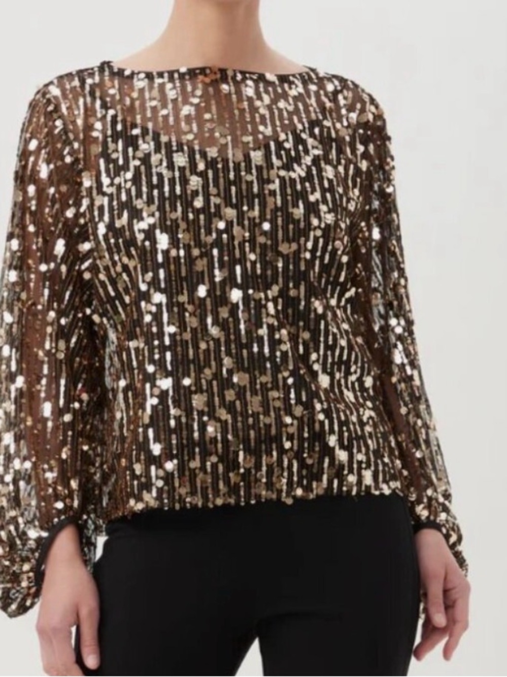Trina Turk Ursa Metallic Burnout Balloon Sleeve Top Black Gold Size XL Party Top